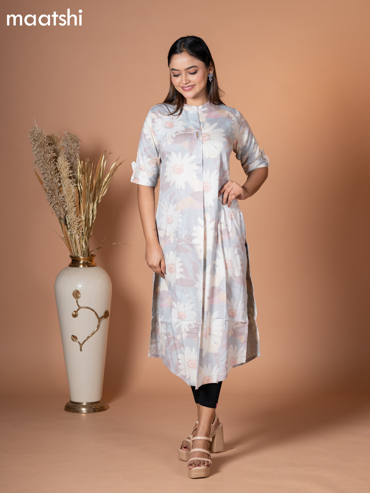 Rayon kurti pastel grey with allover floral prints & simple neck pattern without pant