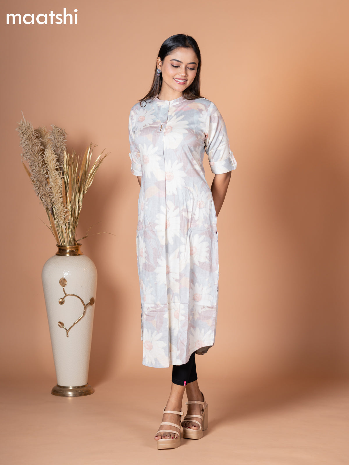 Rayon kurti pastel grey with allover floral prints & simple neck pattern without pant