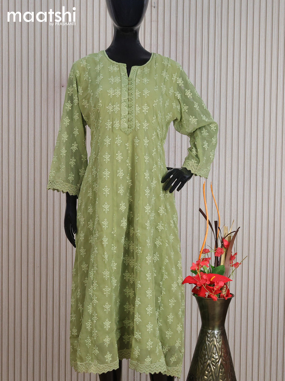 Georgette readymade anarkali kurti sap green with allover chikankari work without pant