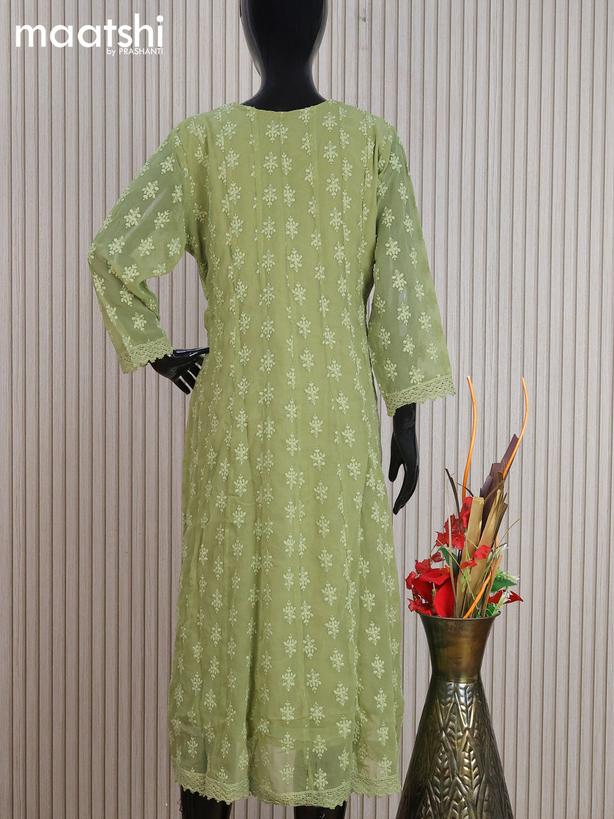 Georgette readymade anarkali kurti sap green with allover chikankari work without pant