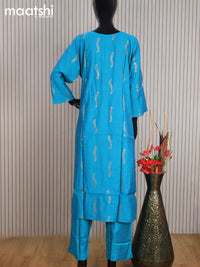 Muslin readymade party wear salwar suit blue shade with zari woven buttas & mirror work neck pattern and straight cut pant & dupatta