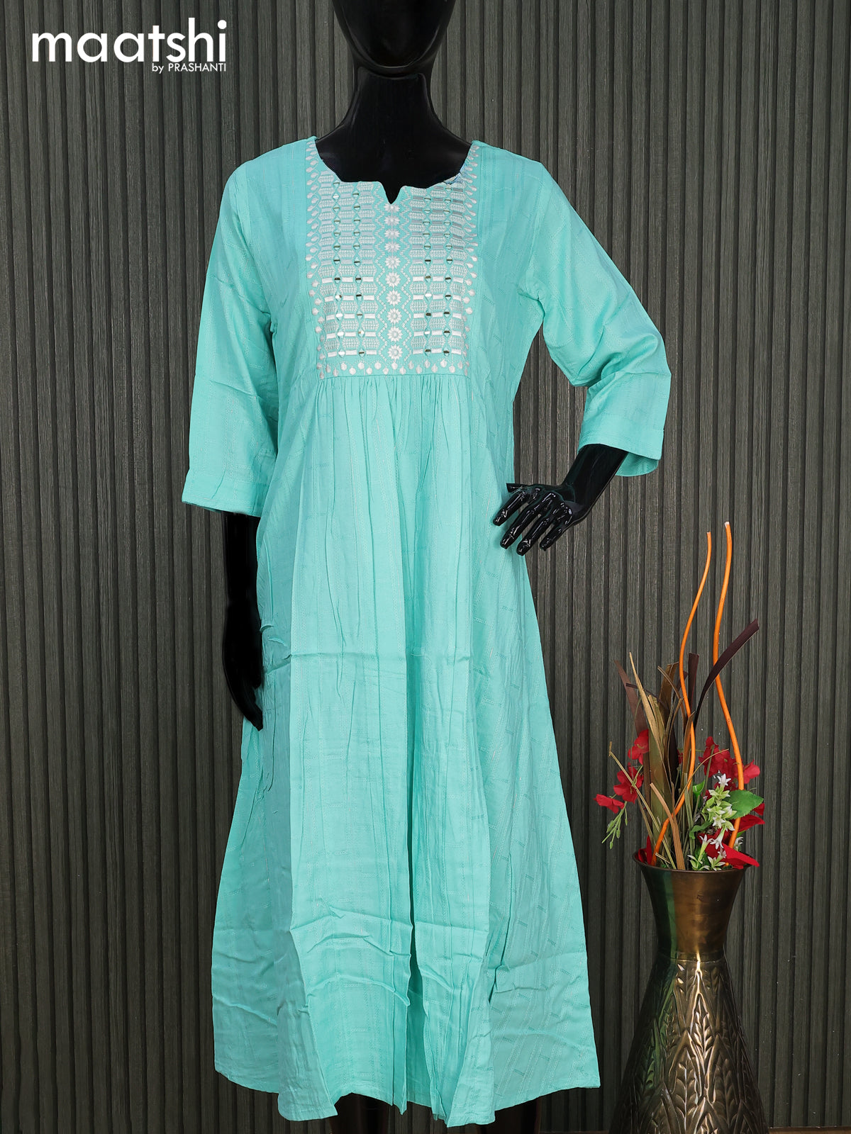 Cotton readymade umbrella kurti teal blue with silver stripe weaves & embroidery mirror work neck pattern without pant