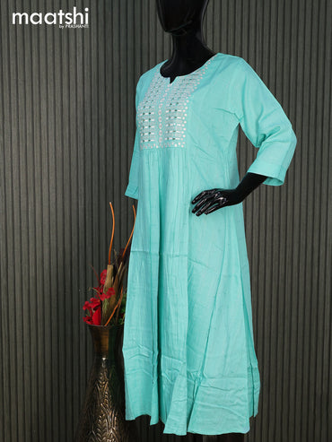 Cotton readymade umbrella kurti teal blue with silver stripe weaves & embroidery mirror work neck pattern without pant