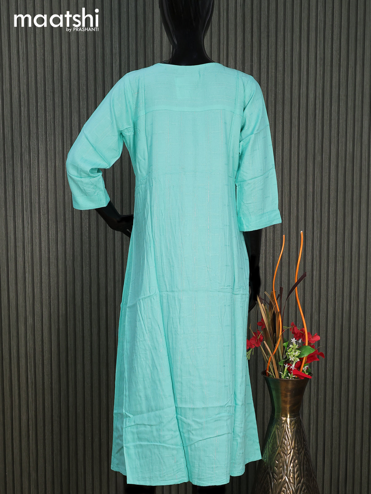 Cotton readymade umbrella kurti teal blue with silver stripe weaves & embroidery mirror work neck pattern without pant