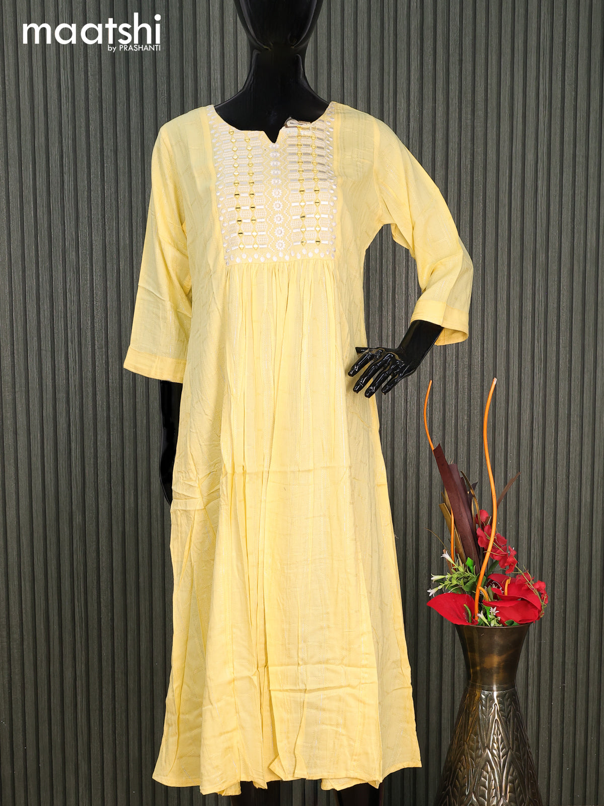 Cotton readymade umbrella kurti yellow with silver stripe weaves & embroidery mirror work neck pattern without pant