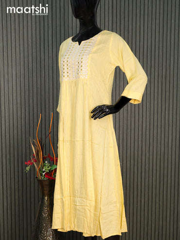 Cotton readymade umbrella kurti yellow with silver stripe weaves & embroidery mirror work neck pattern without pant