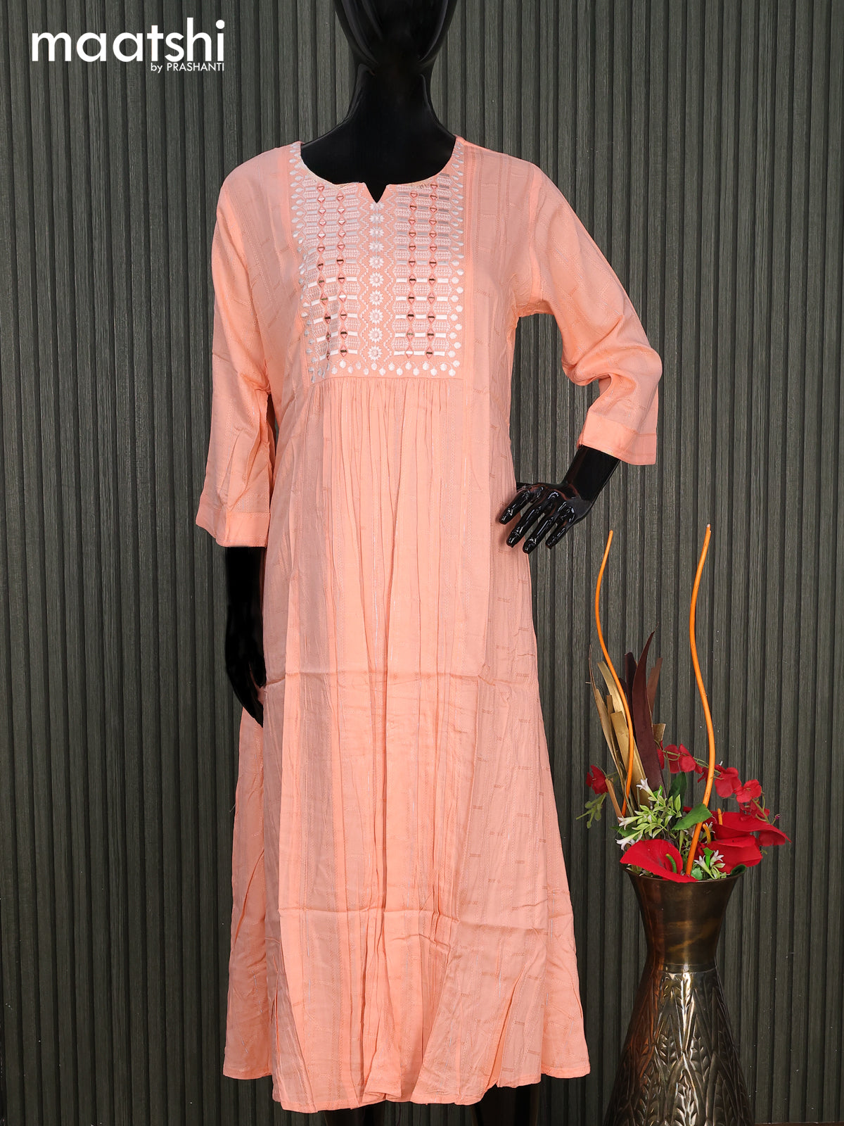 Cotton readymade umbrella kurti peach orange with silver stripe weaves & embroidery mirror work neck pattern without pant