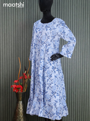 Cotton readymade umbrella kurti pastel blue with allover floral prints & simple neck pattern without pant