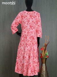 Cotton readymade umbrella kurti peach shade with allover floral prints & simple neck pattern without pant