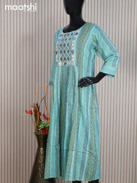 Cotton readymade umbrella kurti teal green shade with allover prints & mirror work neck pattern without pant