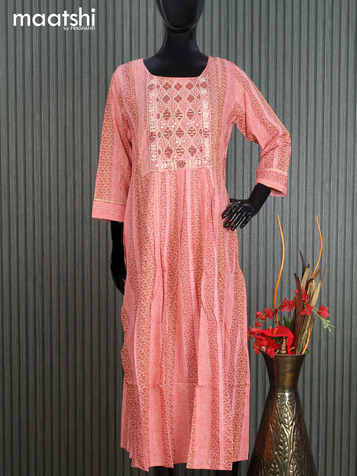 Cotton readymade umbrella kurti peach shade with allover prints & mirror work neck pattern without pant