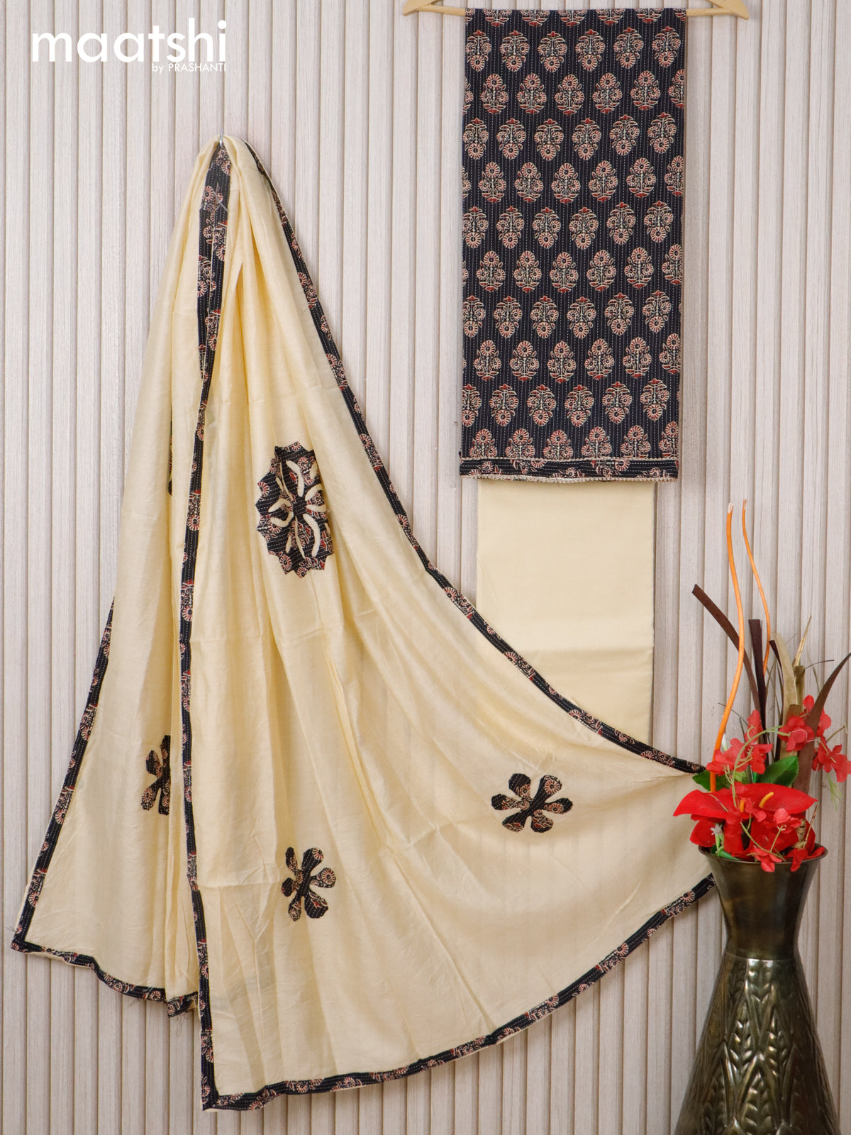 Cotton dress material black with allover thread weaves & floral butta prints and bottom & cotton dupatta