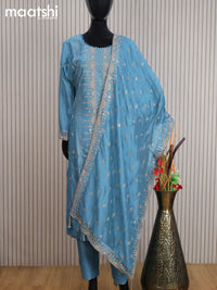 Raw silk readymade party wear salwar suit teal blue shade with allover embroidery sequin work and straight cut pant & dupatta