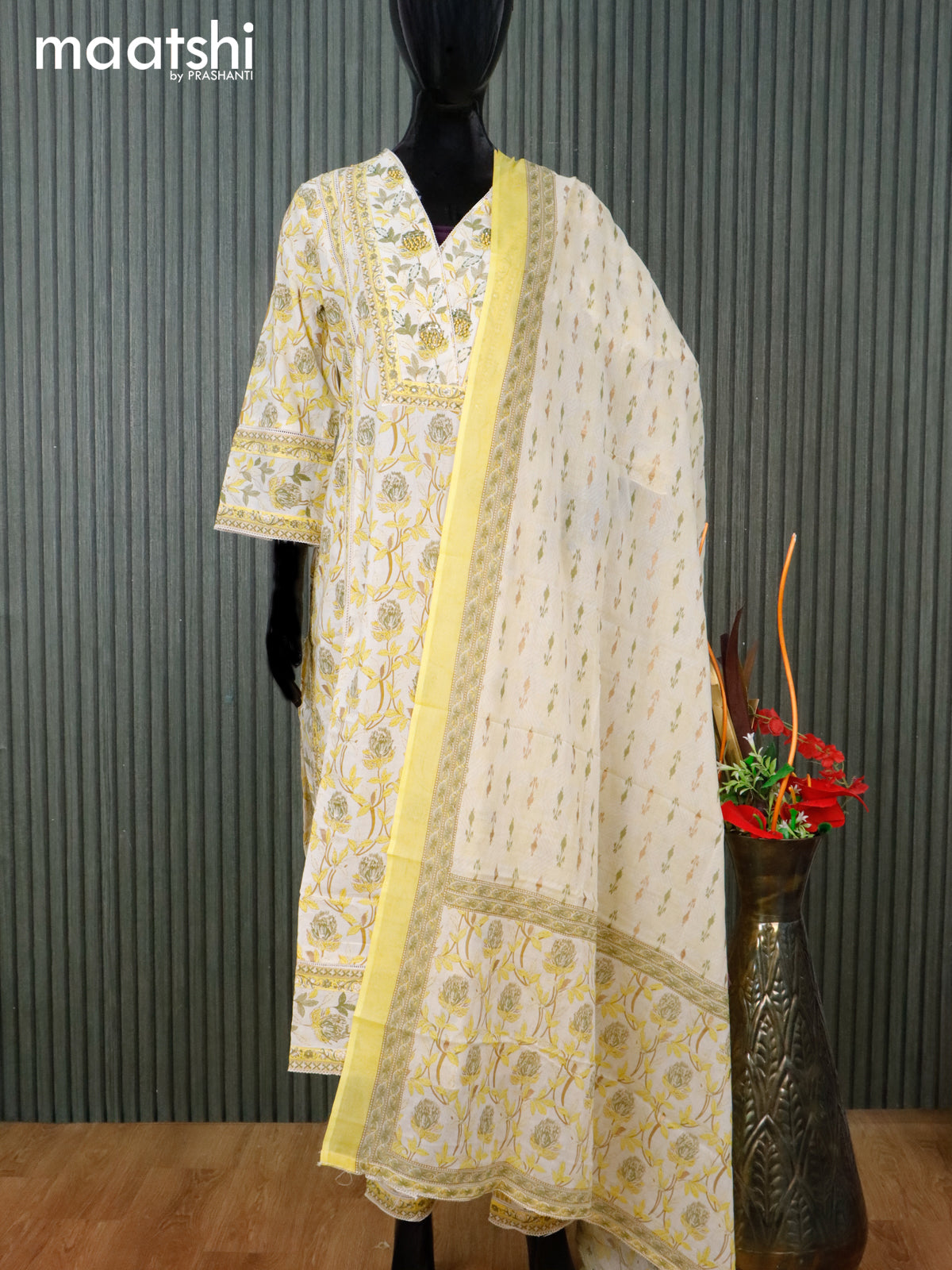 Cotton readymade salwar suit cream and yellow with allover floral prints & v neck pattern and straight cut pant & dupatta