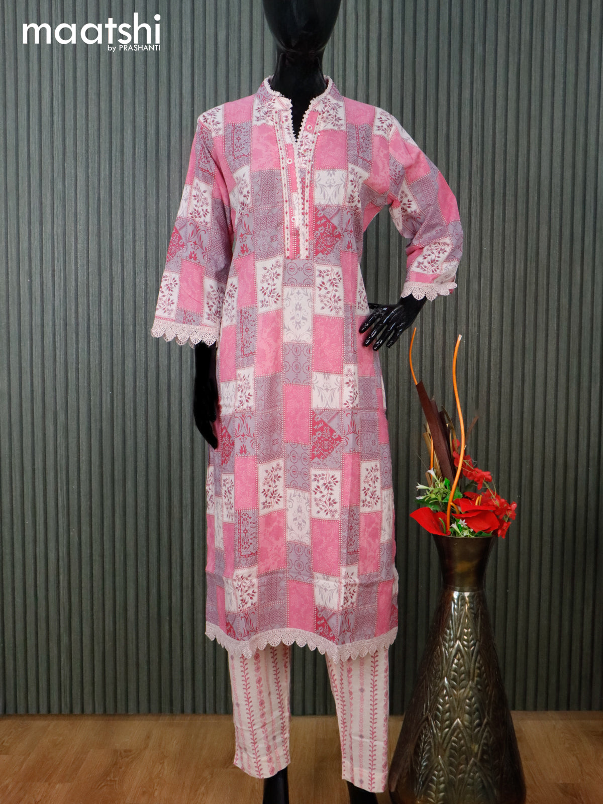 Cotton readymade salwar suit pink shade with allover prints & lace work neck pattern and straight cut pant & dupatta