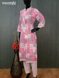 Cotton readymade salwar suit pink shade with allover prints & lace work neck pattern and straight cut pant & dupatta