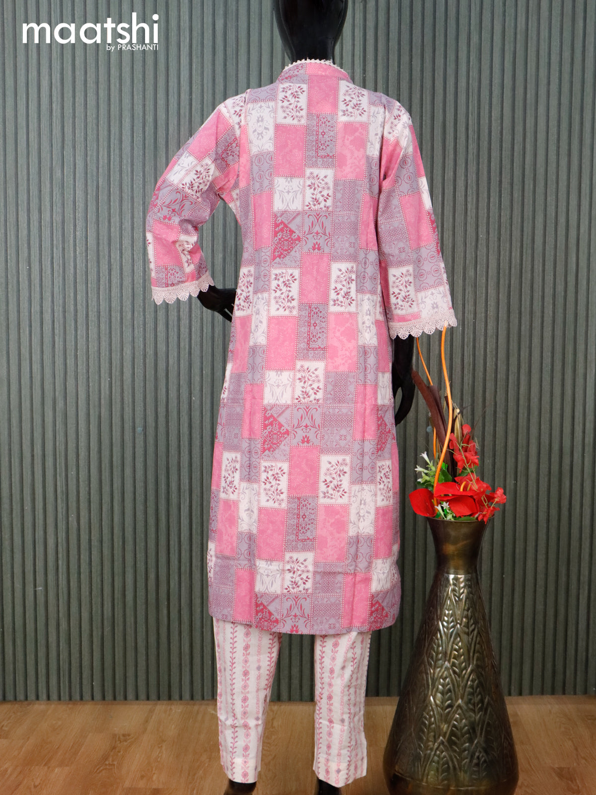 Cotton readymade salwar suit pink shade with allover prints & lace work neck pattern and straight cut pant & dupatta