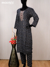 Cotton readymade salwar suit black with allover prints & embroidery mirror work neck pattern and straight cut pant & dupatta