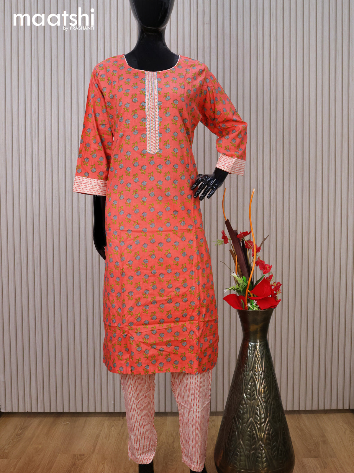 Cotton readymade kurti set peach orange and off white with allover floral prints & embroidery work neck pattern and straight cut pant