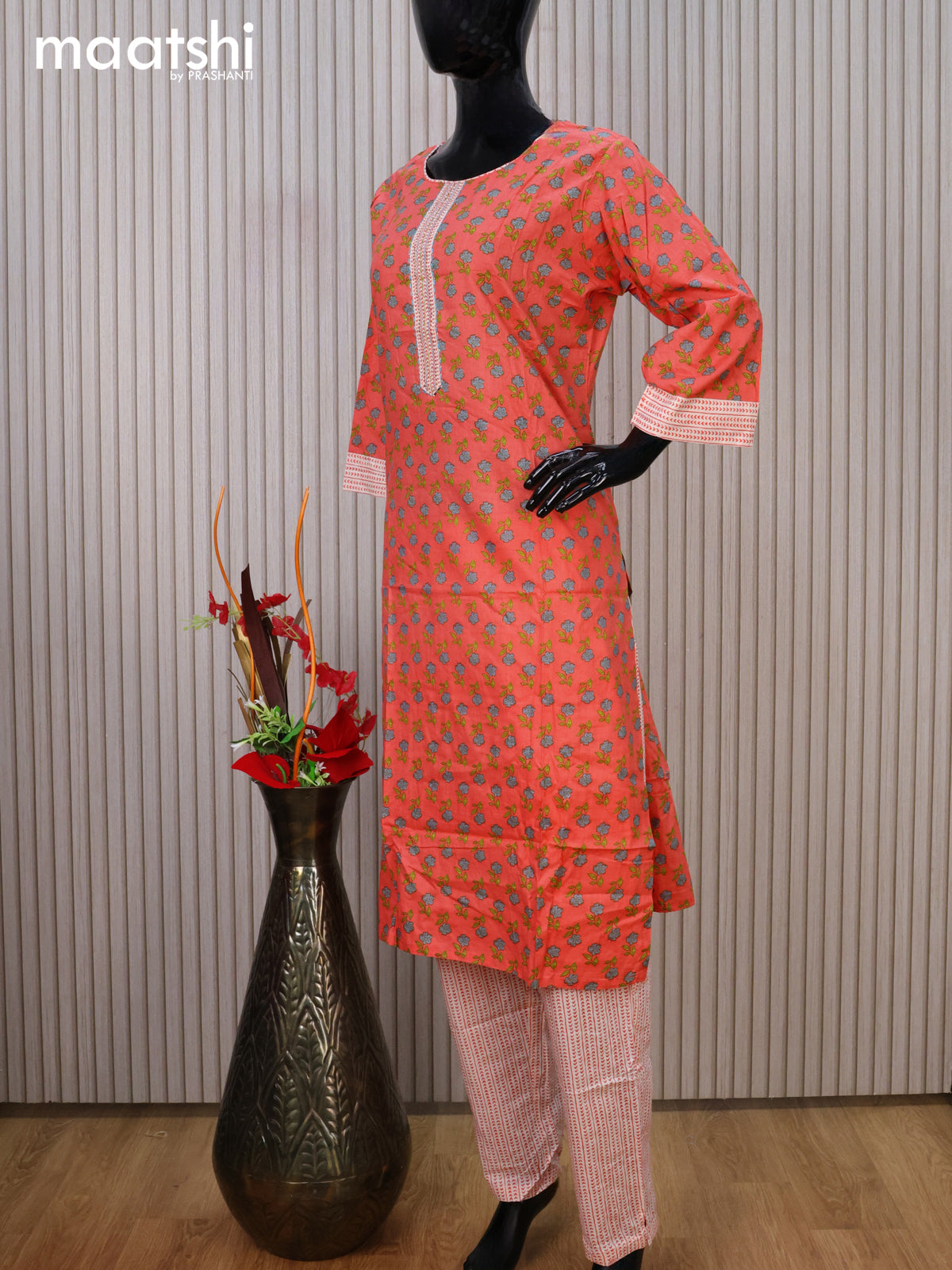 Cotton readymade kurti set peach orange and off white with allover floral prints & embroidery work neck pattern and straight cut pant