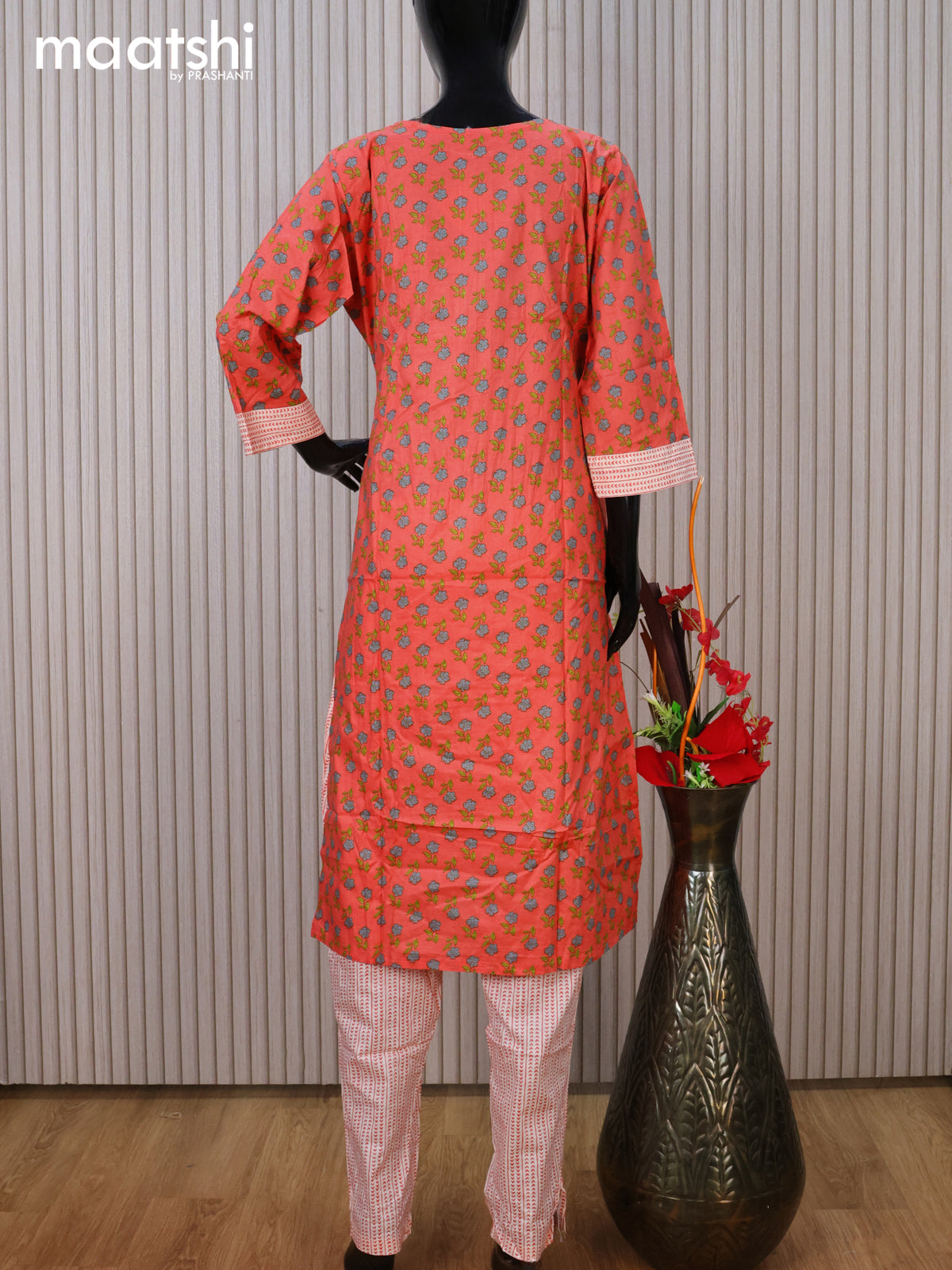 Cotton readymade kurti set peach orange and off white with allover floral prints & embroidery work neck pattern and straight cut pant