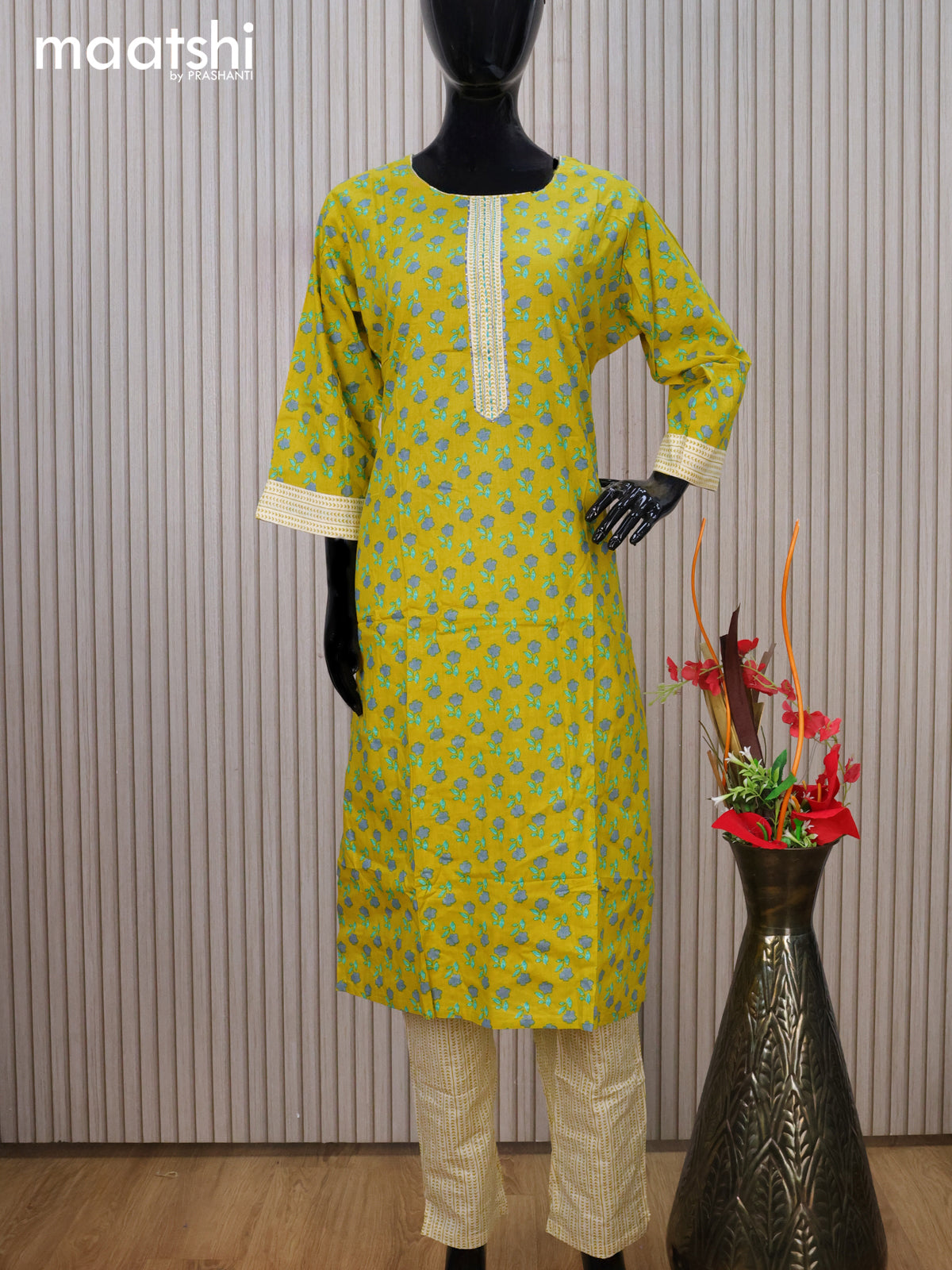 Cotton readymade kurti set lime yellow and off white with allover floral prints & embroidery work neck pattern and straight cut pant