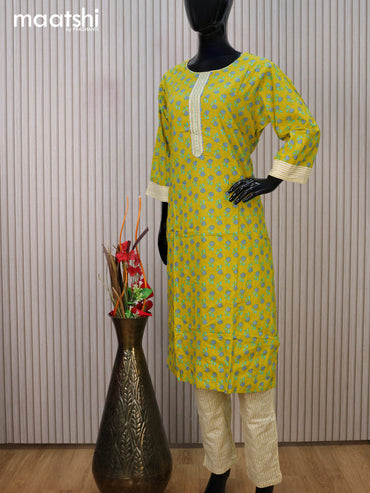 Cotton readymade kurti set lime yellow and off white with allover floral prints & embroidery work neck pattern and straight cut pant