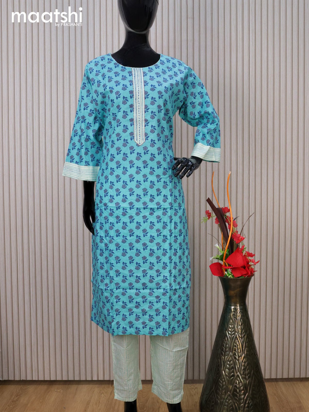 Cotton readymade kurti set teal blue and off white with allover floral prints & embroidery work neck pattern and straight cut pant