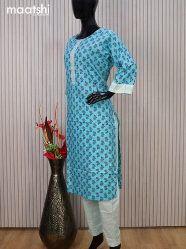 Cotton readymade kurti set teal blue and off white with allover floral prints & embroidery work neck pattern and straight cut pant