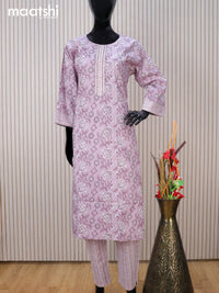 Cotton readymade kurti set mild purple and off white with allover floral prints & embroidery work neck pattern and straight cut pant