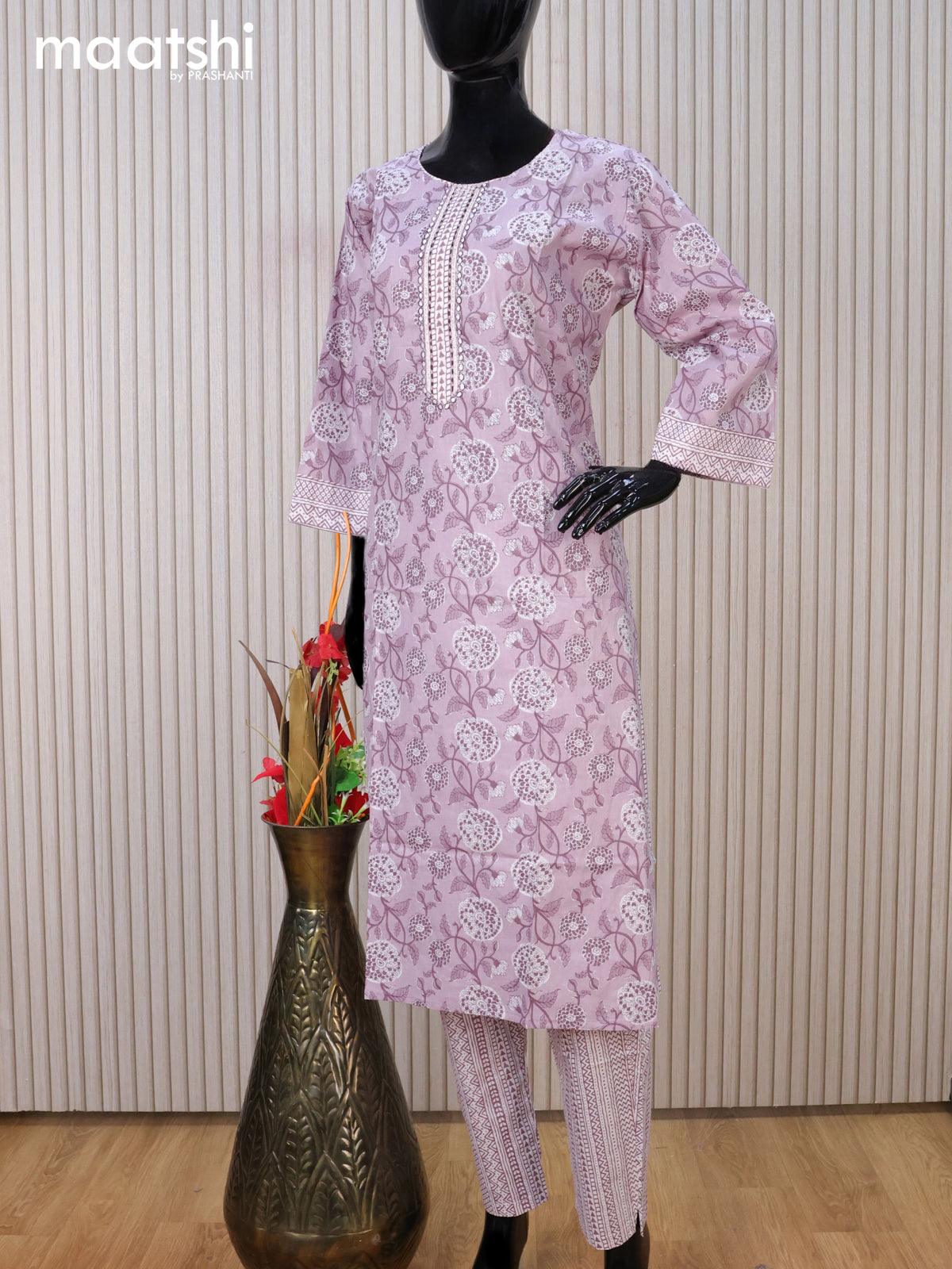 Cotton readymade kurti set mild purple and off white with allover floral prints & embroidery work neck pattern and straight cut pant