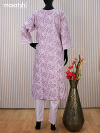 Cotton readymade kurti set mild purple and off white with allover floral prints & embroidery work neck pattern and straight cut pant