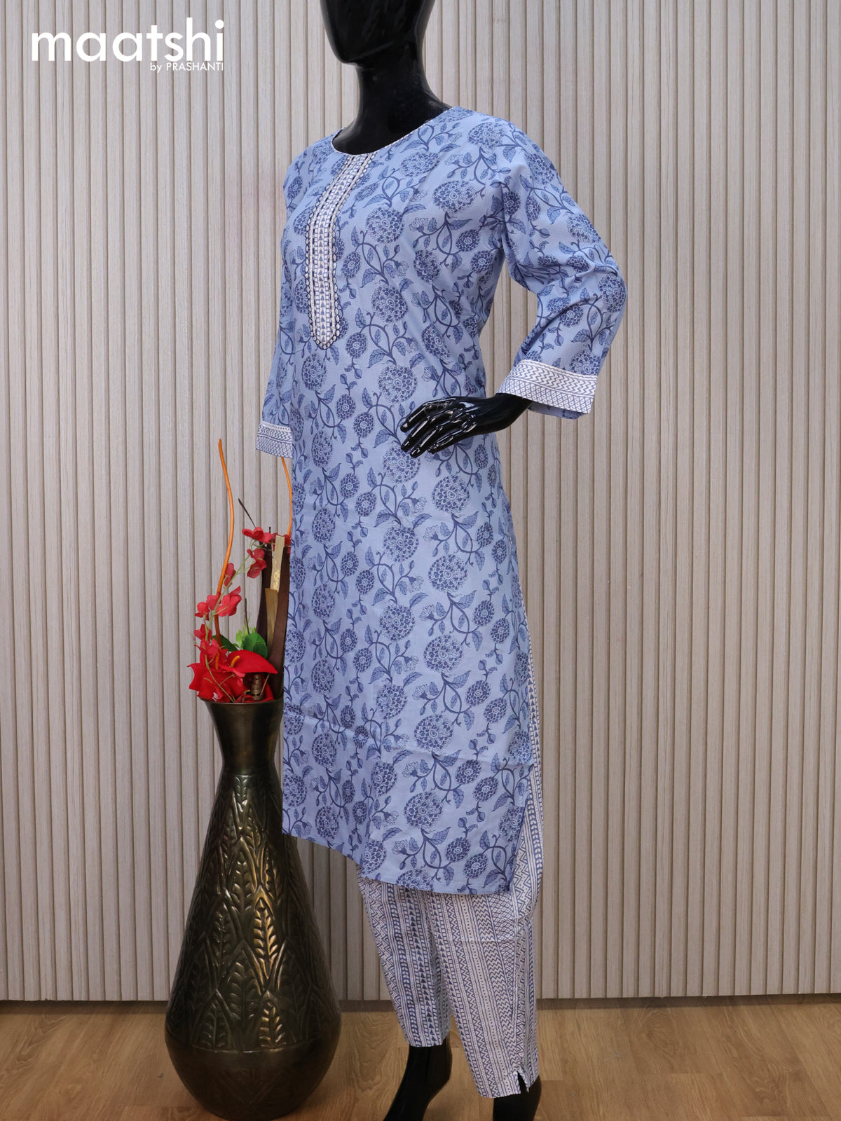 Cotton readymade kurti set pastel blue and off white with allover floral prints & embroidery work neck pattern and straight cut pant