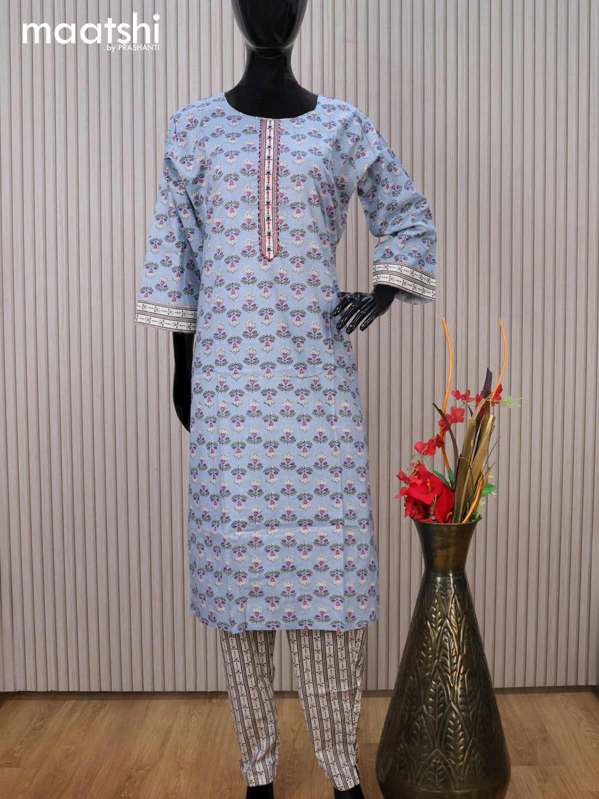 Cotton readymade kurti set pastel blue and off white with allover floral prints & embroidery work neck pattern and straight cut pant