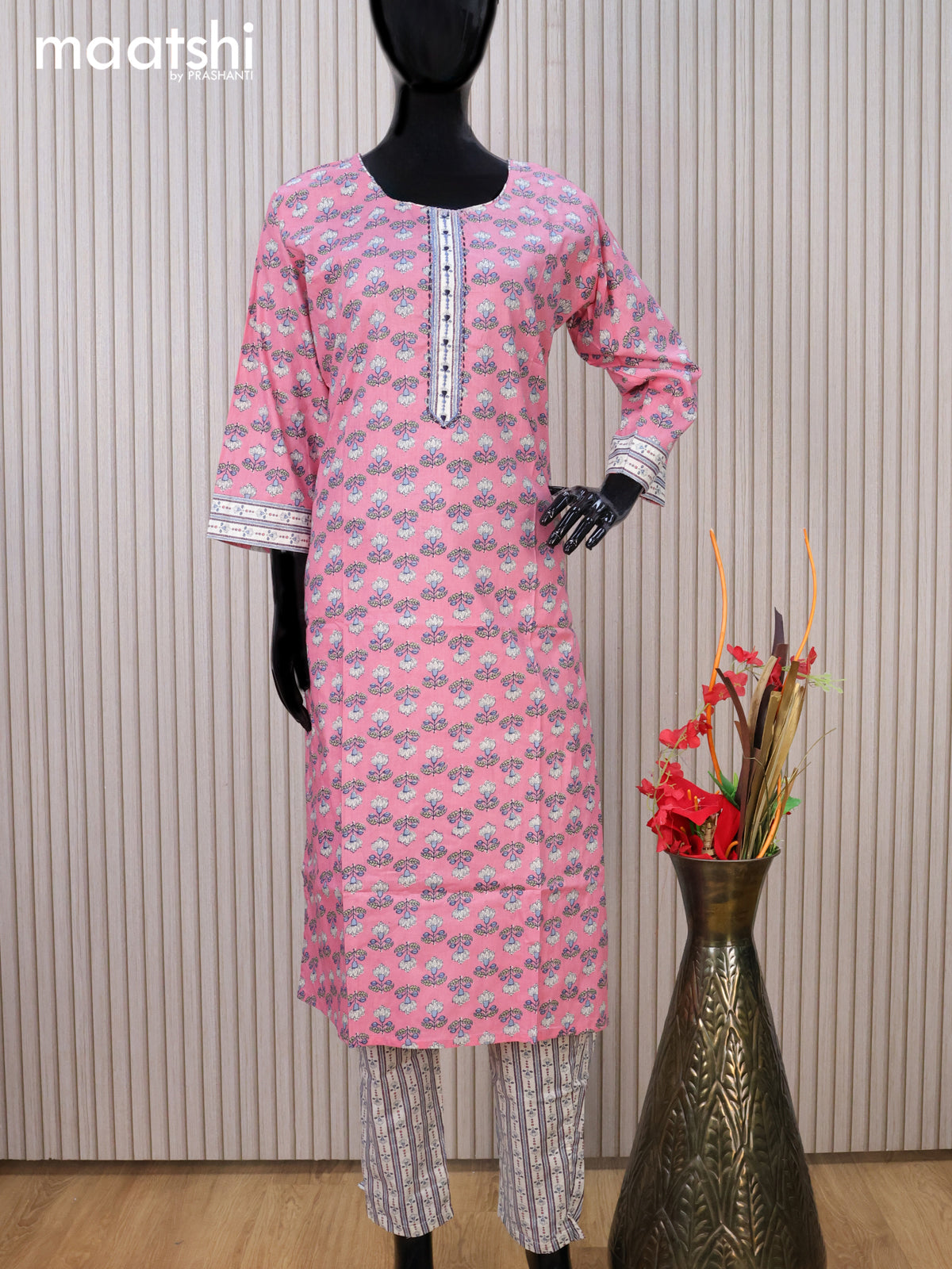 Cotton readymade kurti set pink and off white with allover floral prints & embroidery work neck pattern and straight cut pant