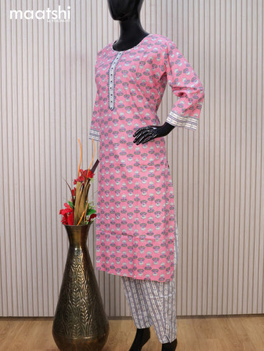 Cotton readymade kurti set pink and off white with allover floral prints & embroidery work neck pattern and straight cut pant