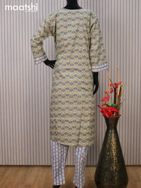 Cotton readymade kurti set elaichi green and off white with allover floral prints & embroidery work neck pattern and straight cut pant