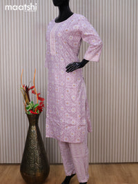 Cotton readymade kurti set mild purple and off white with allover prints & embroidery work neck pattern and straight cut pant