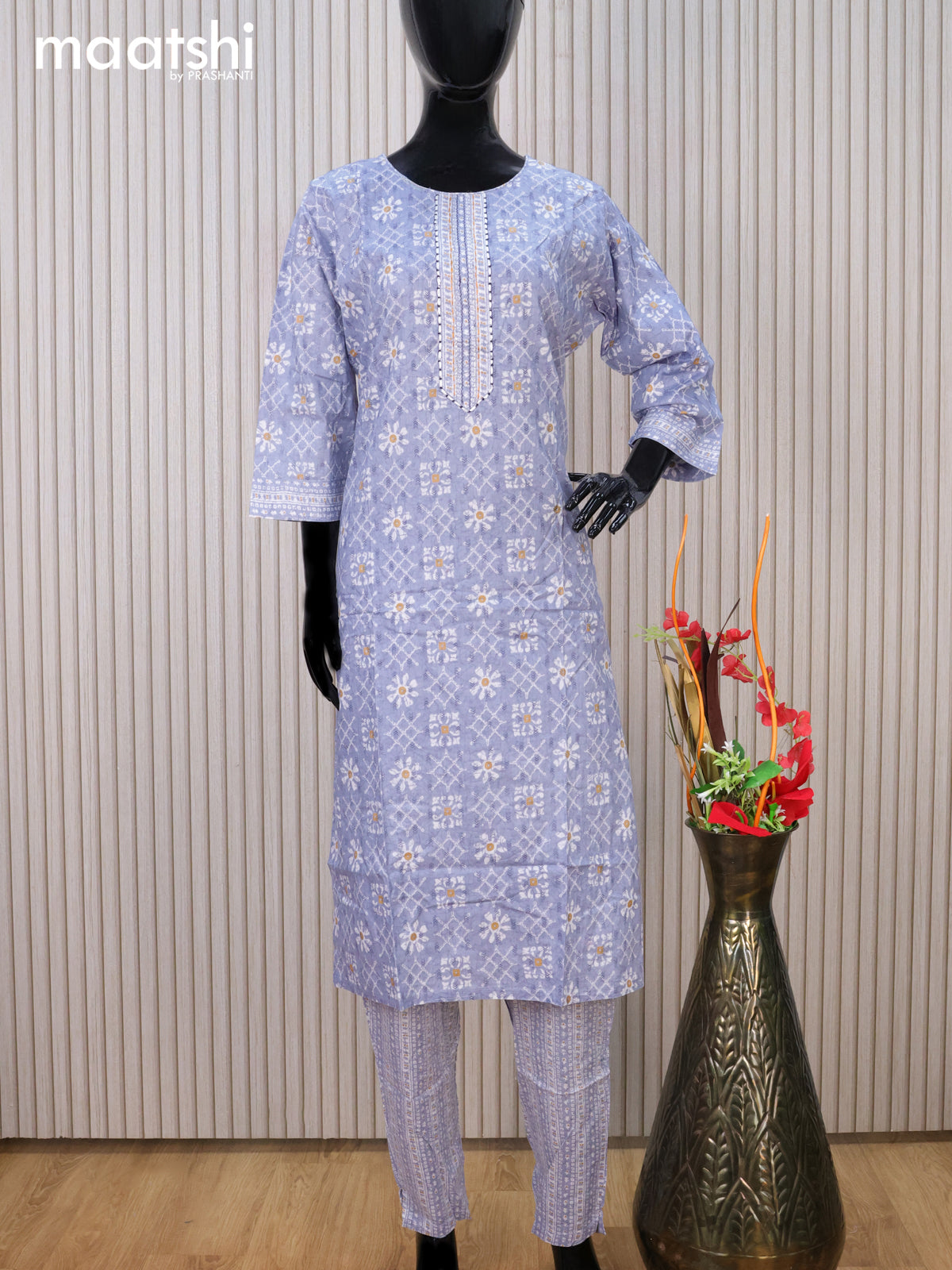 Cotton readymade kurti set greyish blue and off white with allover prints & embroidery work neck pattern and straight cut pant