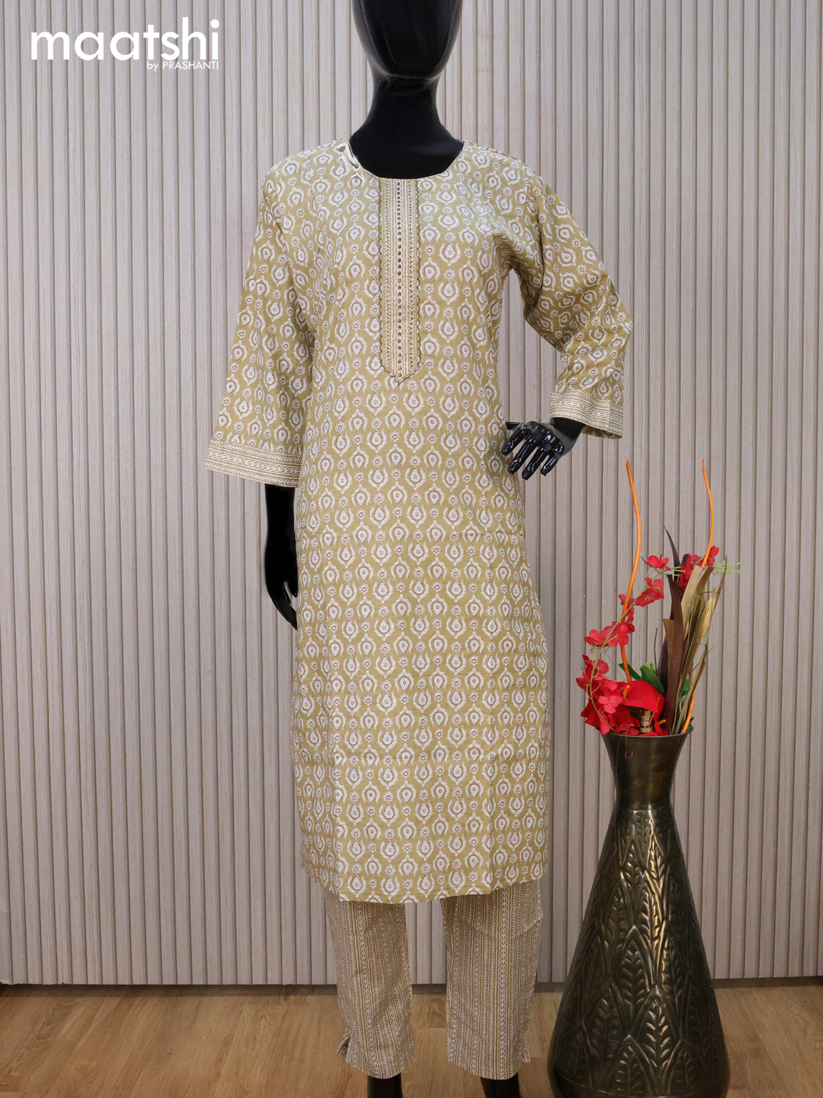 Cotton readymade kurti set beige and off white with allover prints & embroidery work neck pattern and straight cut pant