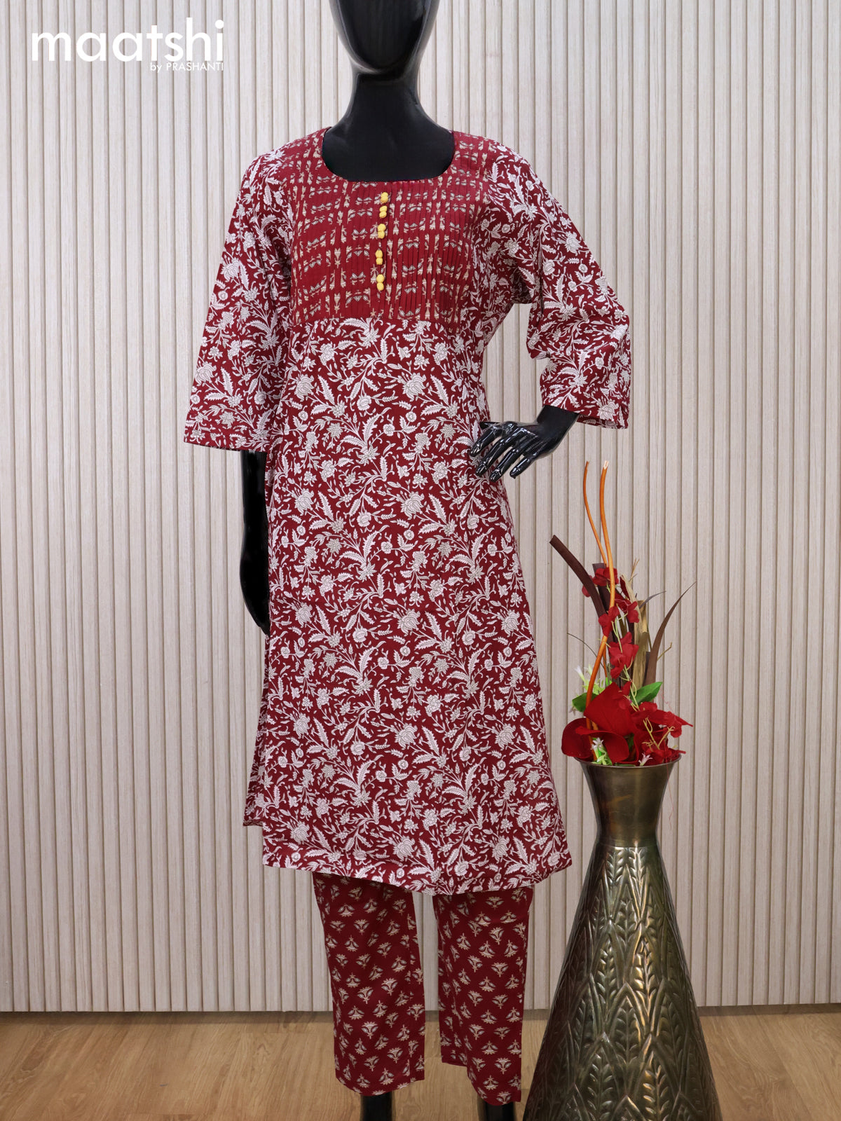 Cotton readymade kurti set maroon with allover floral prints & simple neck pattern and straight cut pant