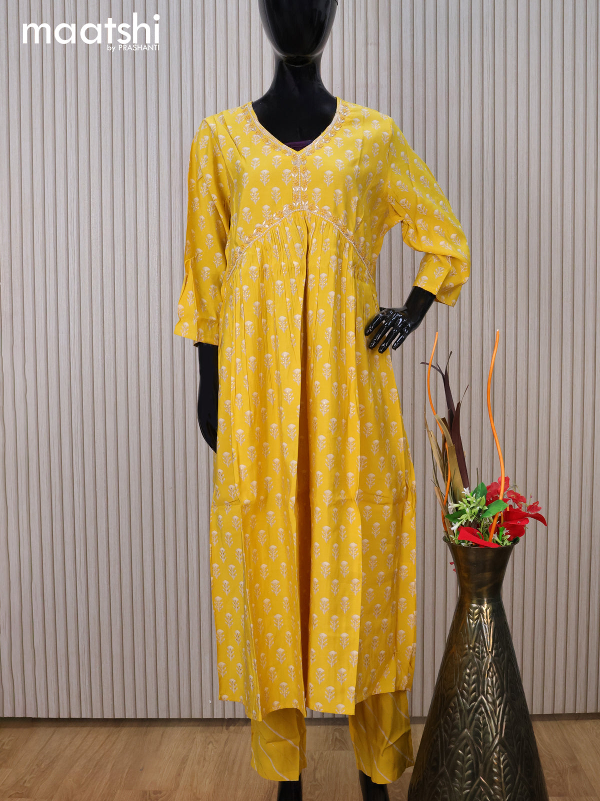 Modal readymade party salwar suit yellow with allover prints & alia cut beaded work neck pattern and straight cut pant & chiffon dupatta