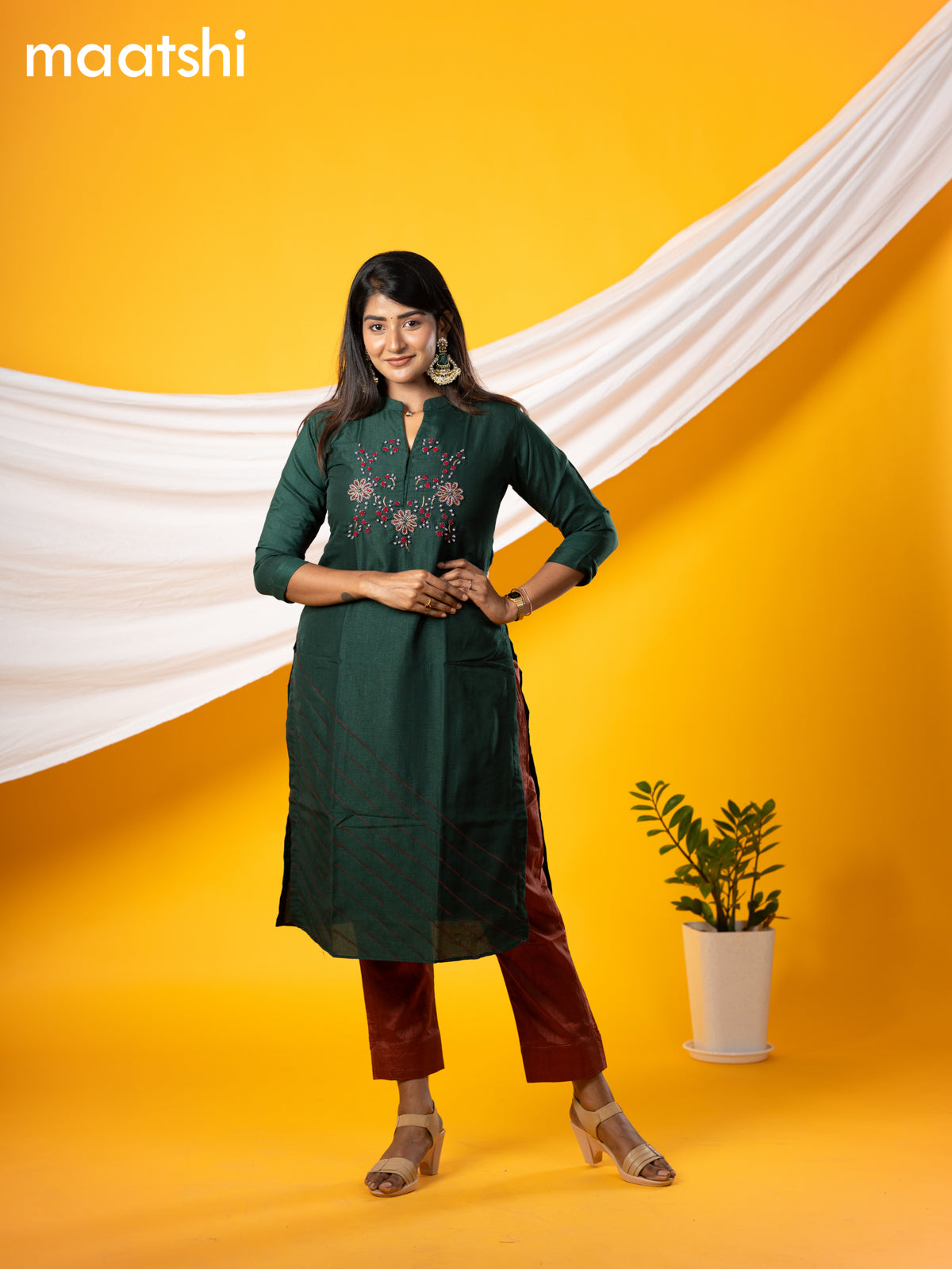 Pure raw silk readymade party wear kurti dark green with embroidery & beaded work without pant