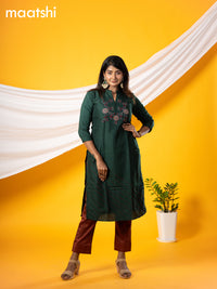 Pure raw silk readymade party wear kurti dark green with embroidery & beaded work without pant