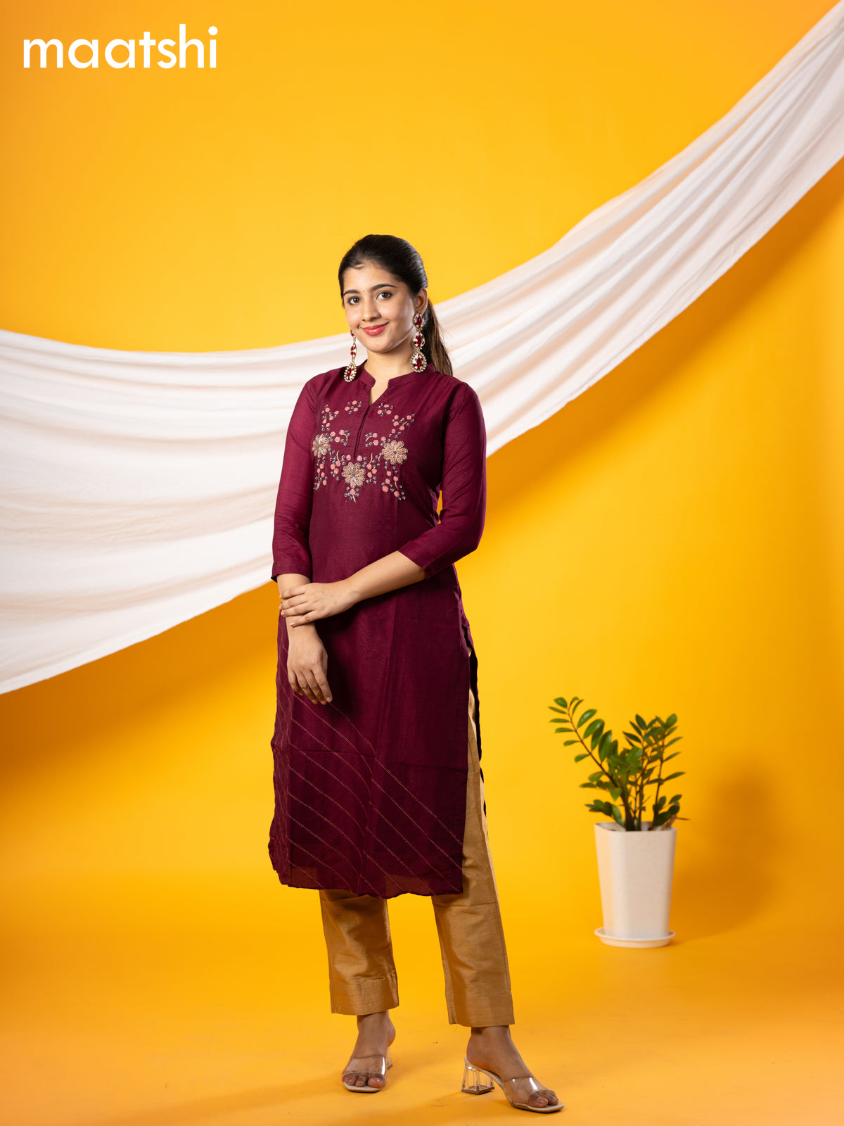 Pure raw silk readymade party wear kurti wine shade with embroidery & beaded work without pant