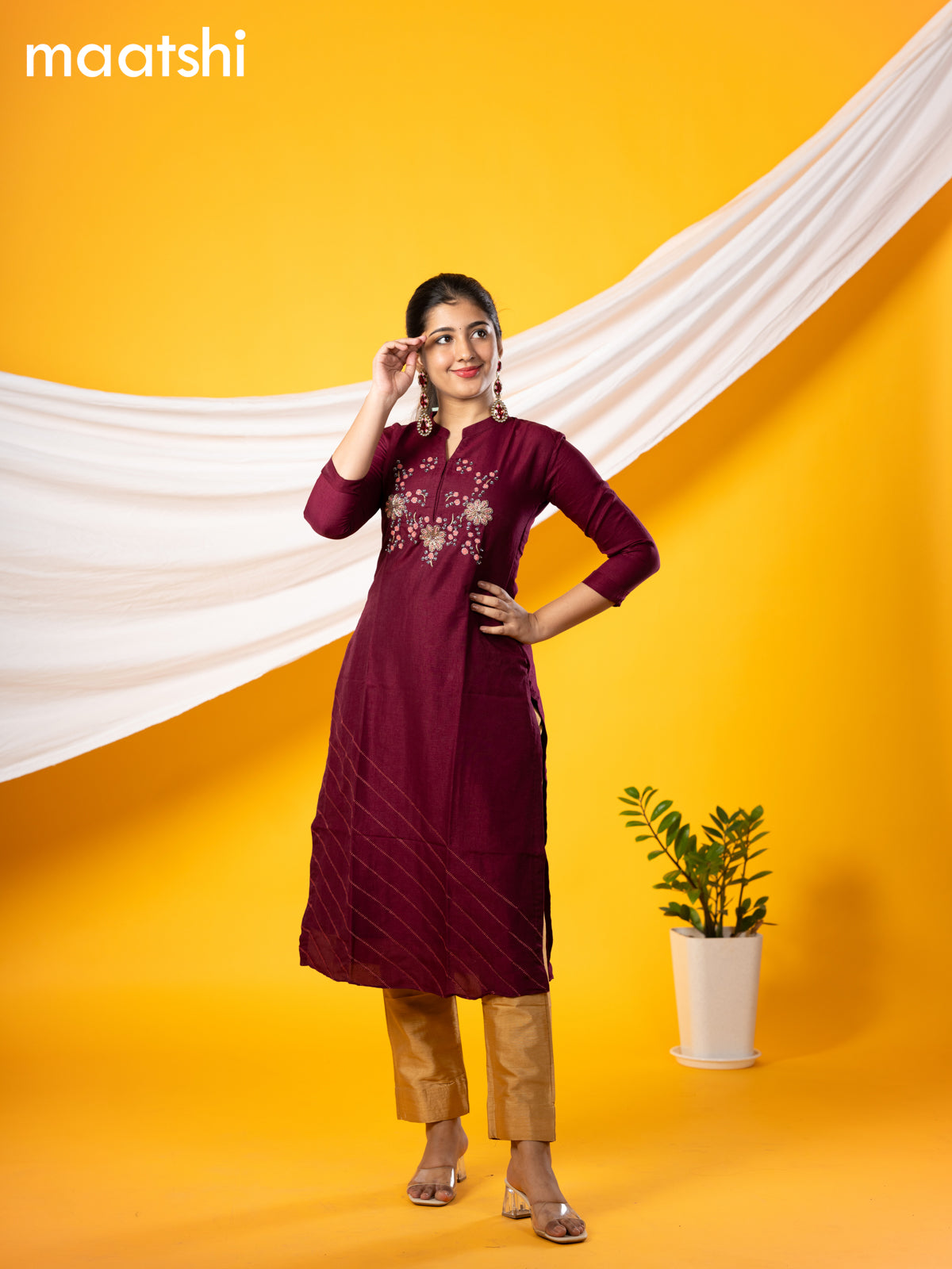 Pure raw silk readymade party wear kurti wine shade with embroidery & beaded work without pant