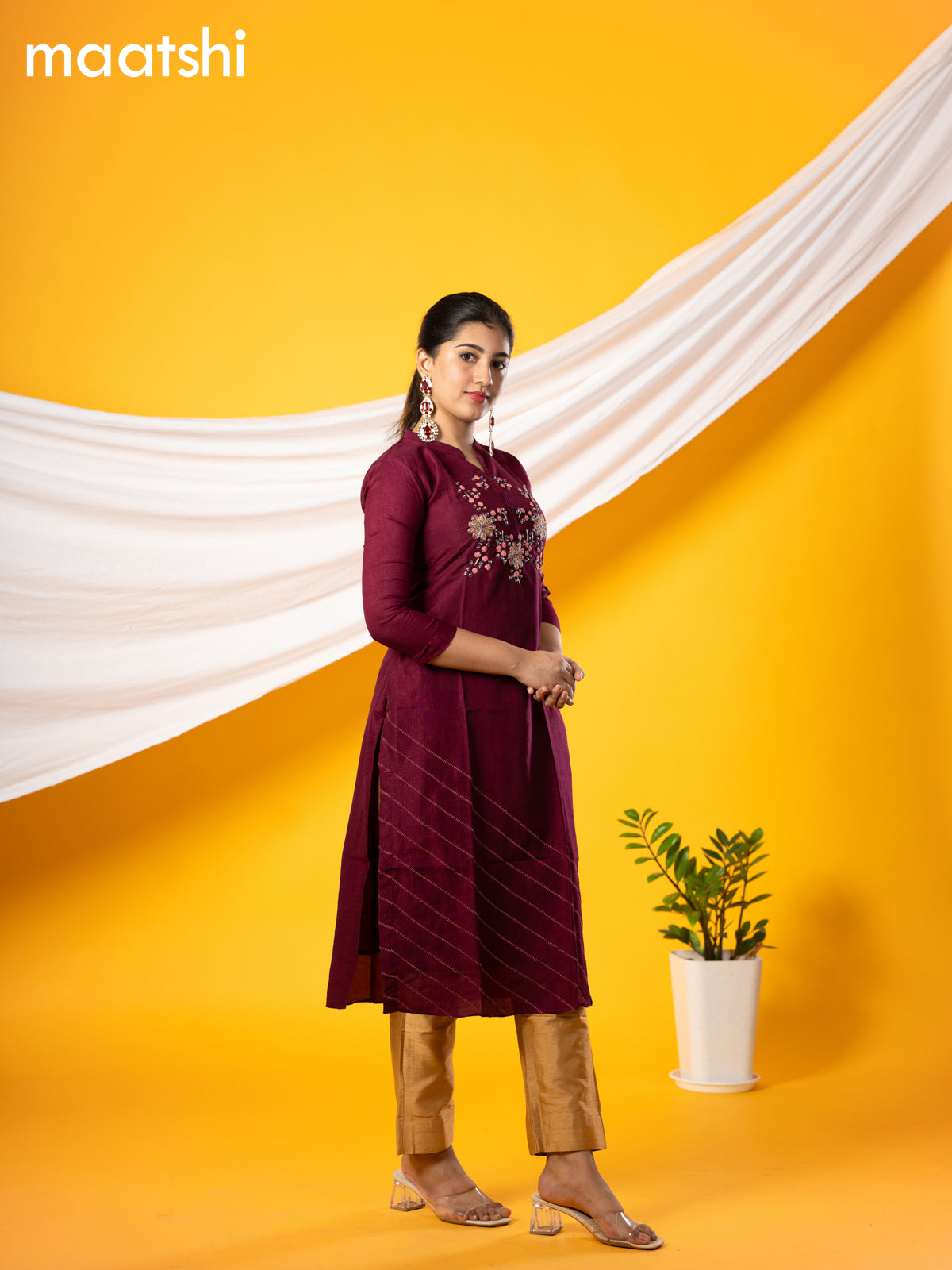 Pure raw silk readymade party wear kurti wine shade with embroidery & beaded work without pant