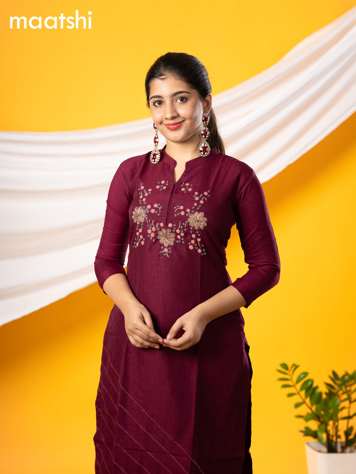 Pure raw silk readymade party wear kurti wine shade with embroidery & beaded work without pant