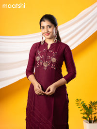 Pure raw silk readymade party wear kurti wine shade with embroidery & beaded work without pant