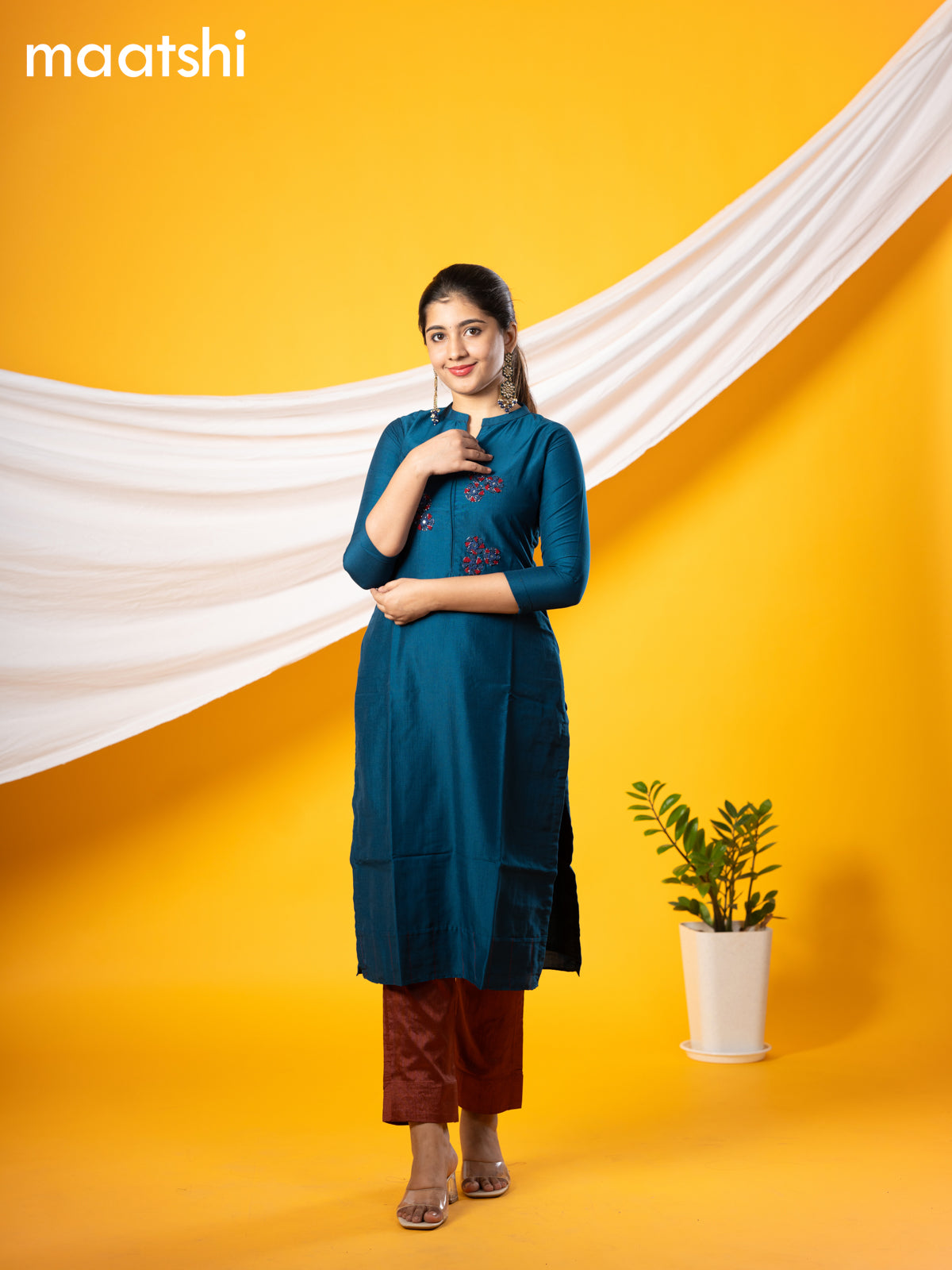 Pure raw silk readymade party wear kurti peacock blue  with embroidery & beaded work without pant